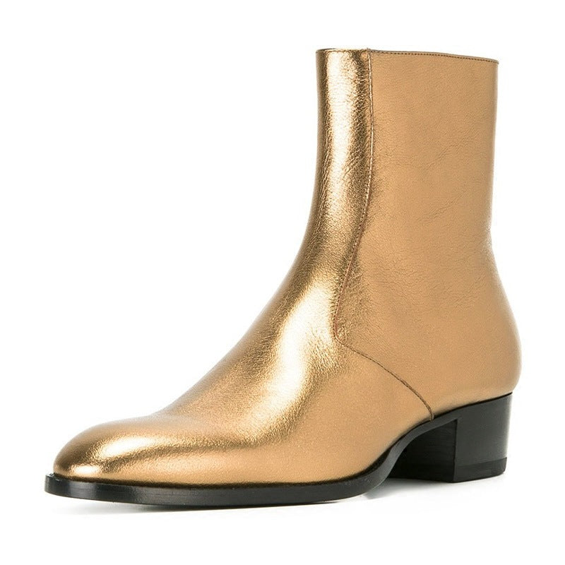gold pointed toe men leather boots British style men fashion boots zip mujer bota chelsea booties