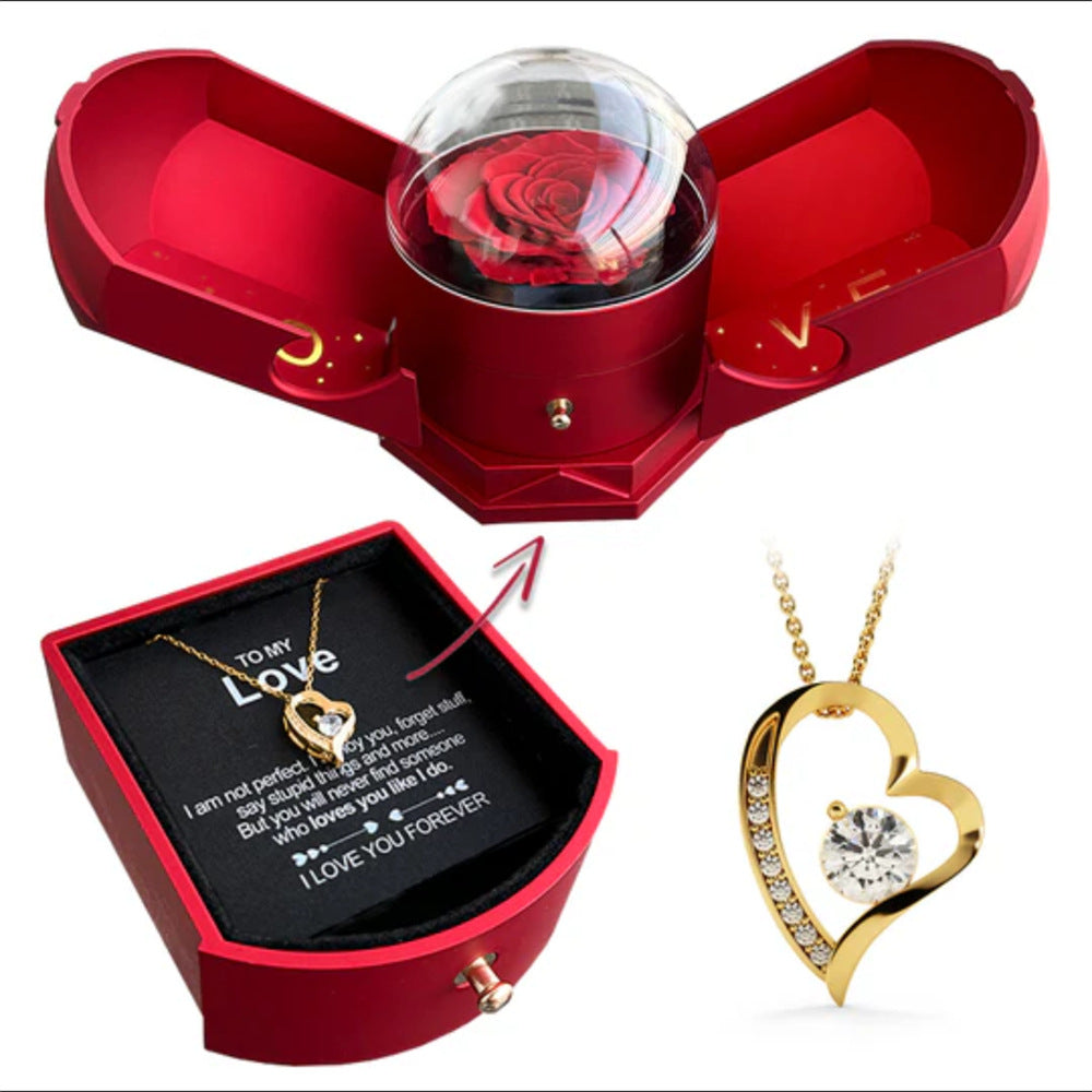 Double open rose gift box drawer style rose jewelry angel wings necklace and gift box