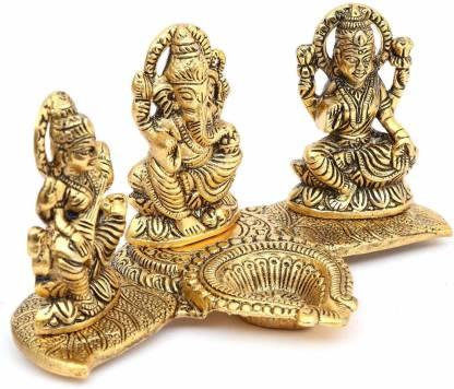 Gold Plated Lakshmi Ganesh Saraswati Deepak Idol