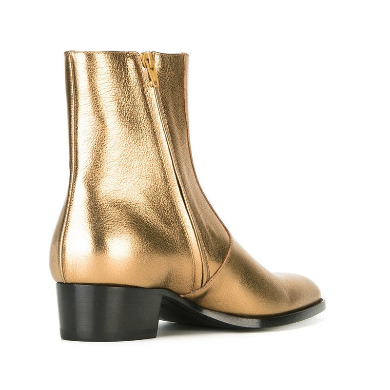 gold pointed toe men leather boots British style men fashion boots zip mujer bota chelsea booties