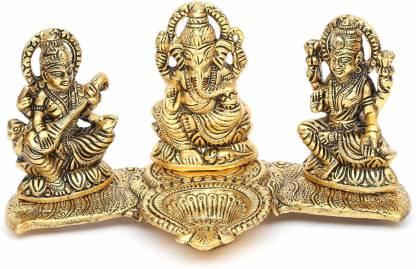 Gold Plated Lakshmi Ganesh Saraswati Deepak Idol