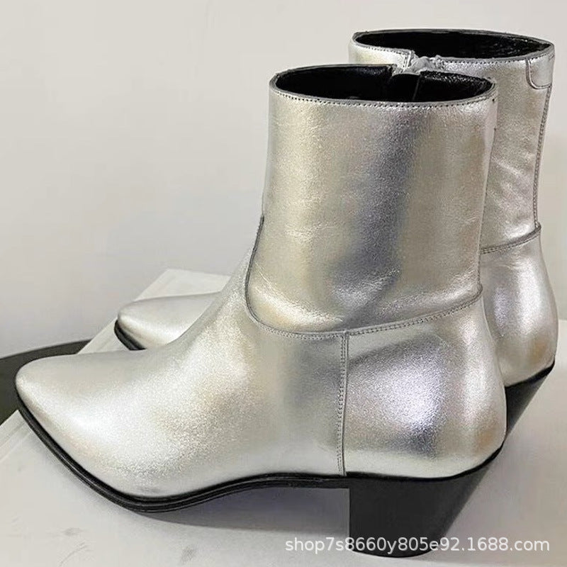 Brand new vintage ancient style men sliver boots point toe zip up casual shinny leather booties party shoes male