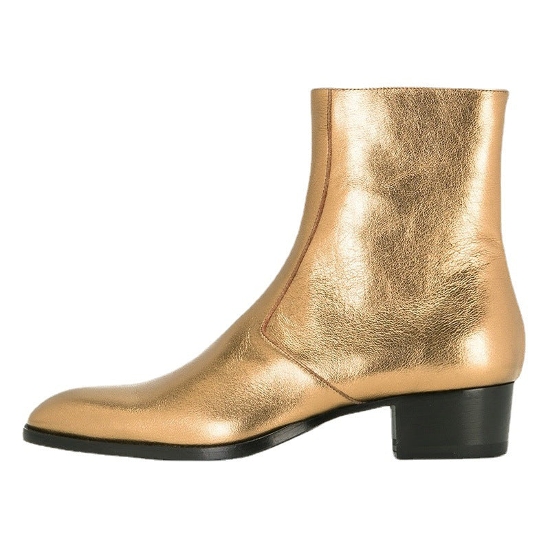 gold pointed toe men leather boots British style men fashion boots zip mujer bota chelsea booties