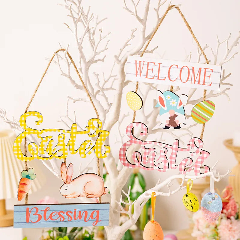 Easter decoration supplies Easter grid letter wooden pendant cartoon Easter egg rabbit pendant