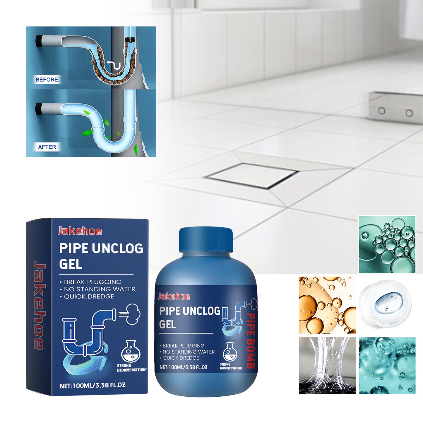 Pipe Unclog Gel, Sewer Multi-Effect Dissolving Pipe Obstruction Unblocking Agent