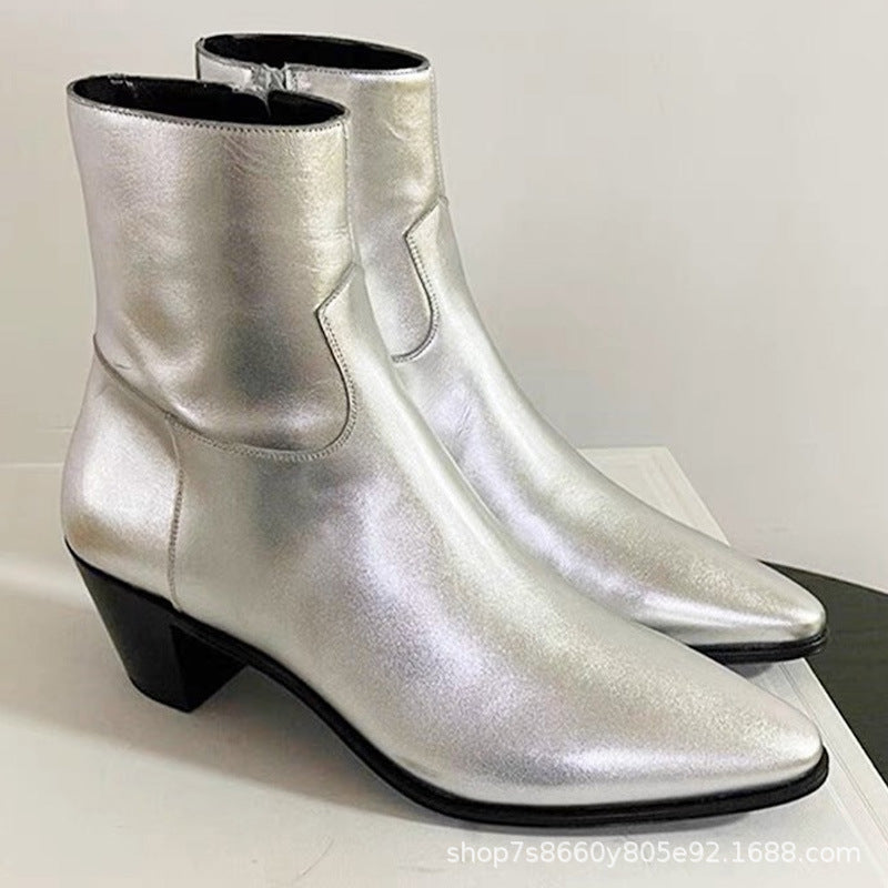 Brand new vintage ancient style men sliver boots point toe  zip up casual shinny leather booties party shoes male