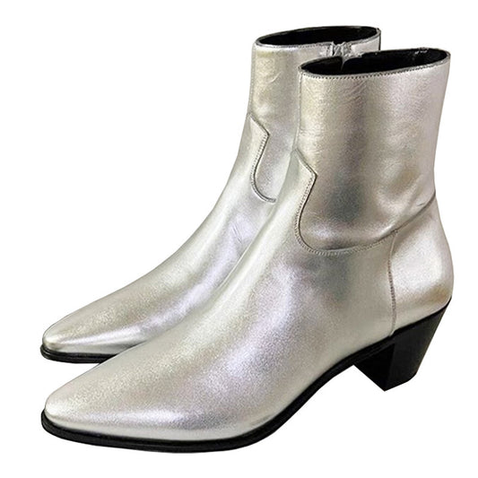 Brand new vintage ancient style men sliver boots point toe  zip up casual shinny leather booties party shoes male