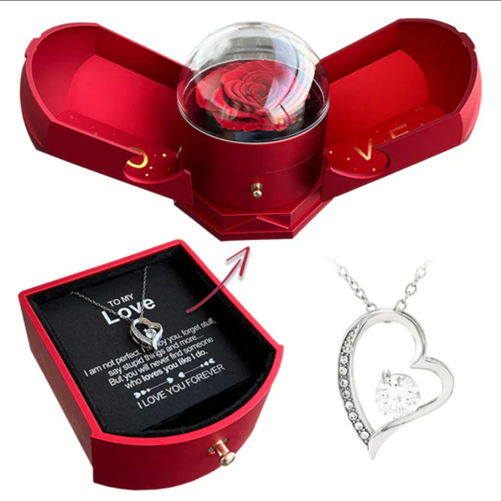 Double open rose gift box drawer style rose jewelry angel wings necklace and gift box