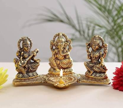 Gold Plated Lakshmi Ganesh Saraswati Deepak Idol