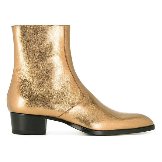 gold pointed toe men leather boots British style men fashion boots zip mujer bota chelsea booties