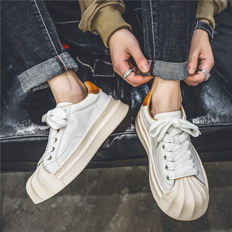 Men's low cut skateboard shoes, thick soled student casual shoes, leather top sports men's shoes