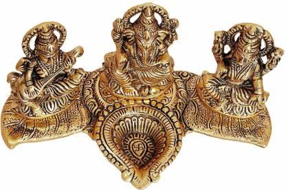 Gold Plated Lakshmi Ganesh Saraswati Deepak Idol
