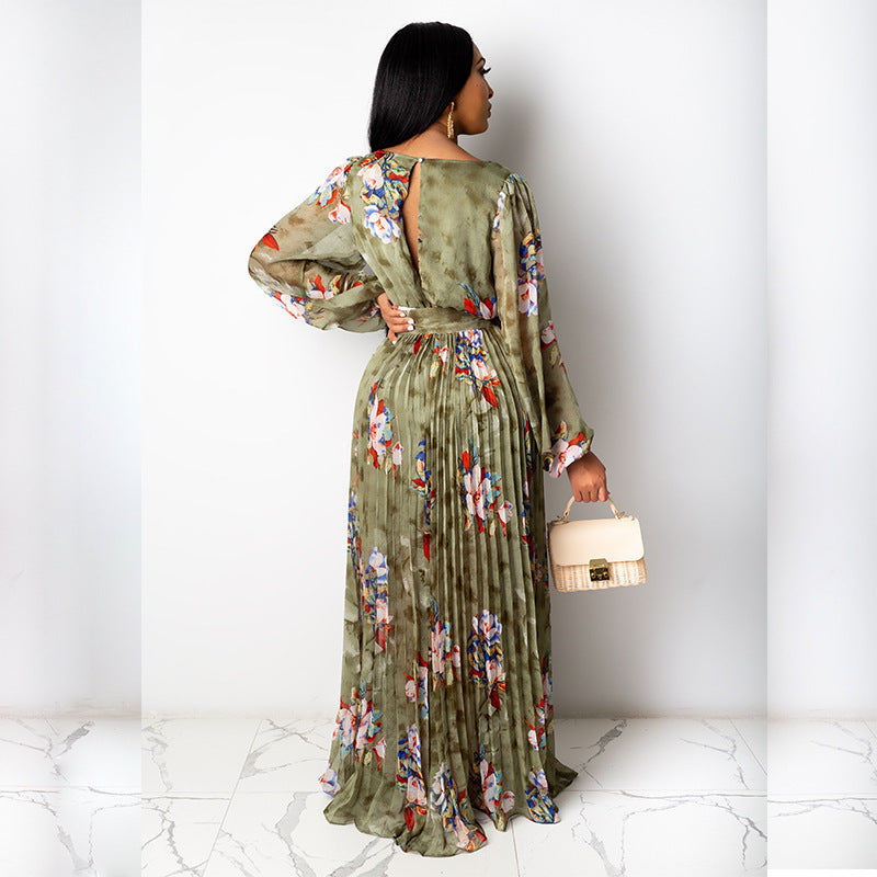 Summer pleated craft sexy V-print short sleeved dress