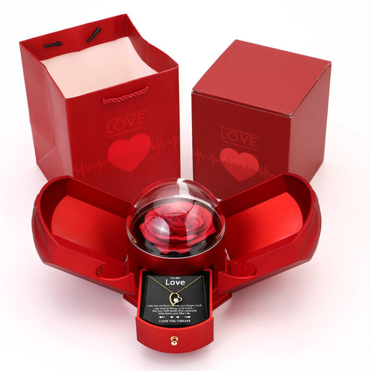 Double open rose gift box drawer style rose jewelry angel wings necklace and gift box