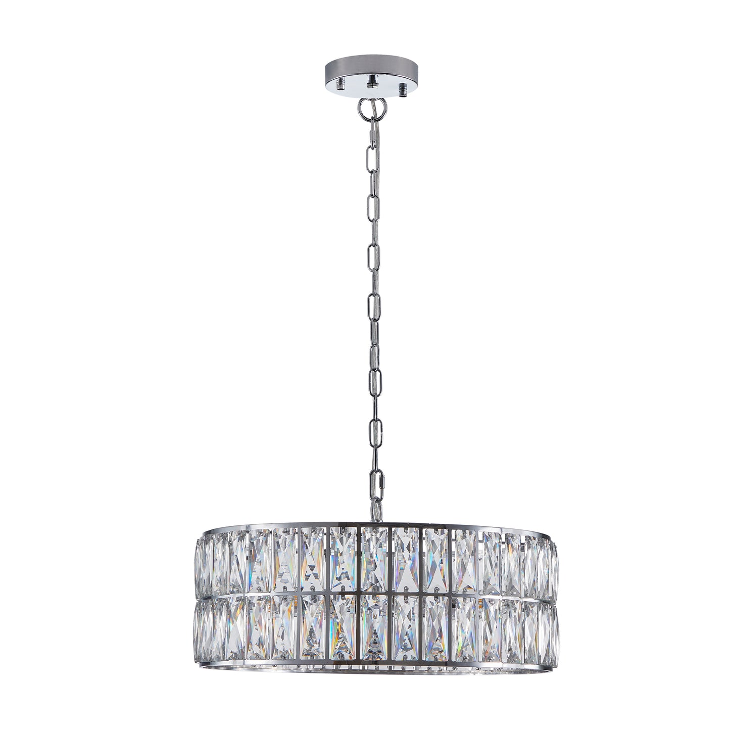 Modern crystal drum pendant light, 6-light pendant light, with silver metal frame (excluding light bulb)