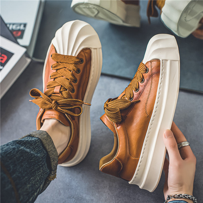Men's low cut skateboard shoes, thick soled student casual shoes, leather top sports men's shoes