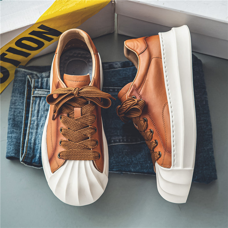 Men's low cut skateboard shoes, thick soled student casual shoes, leather top sports men's shoes