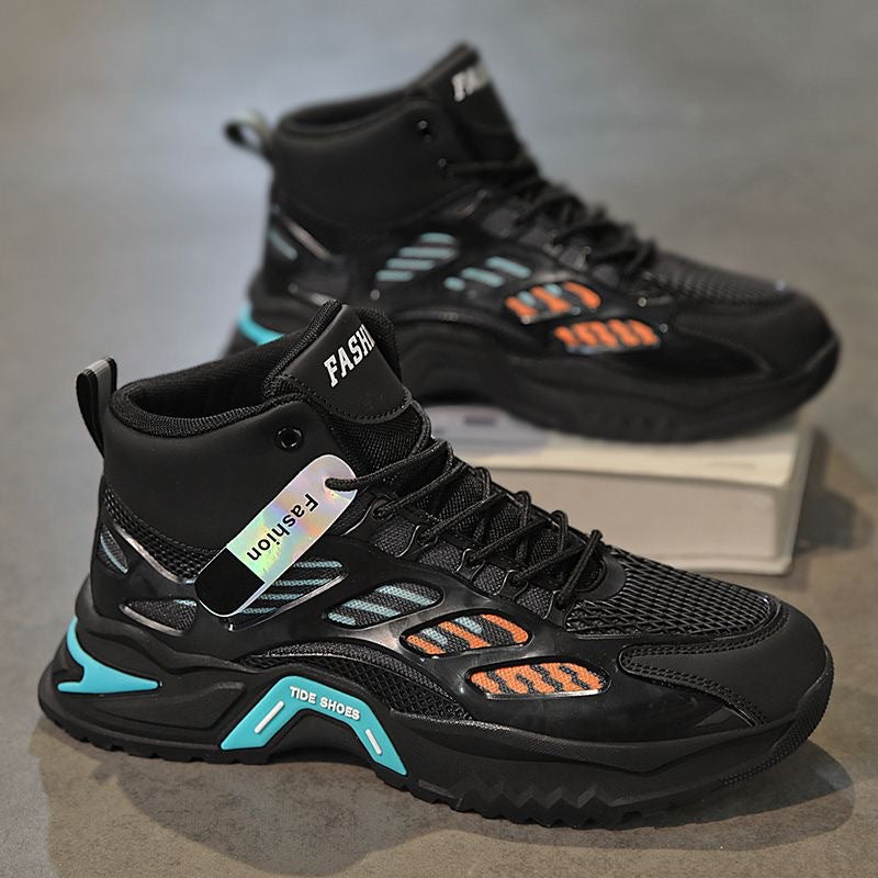 Autumn men's new breathable high top shoes, men's trendy and versatile thick soled mesh sports shoes, casual dad shoes for men