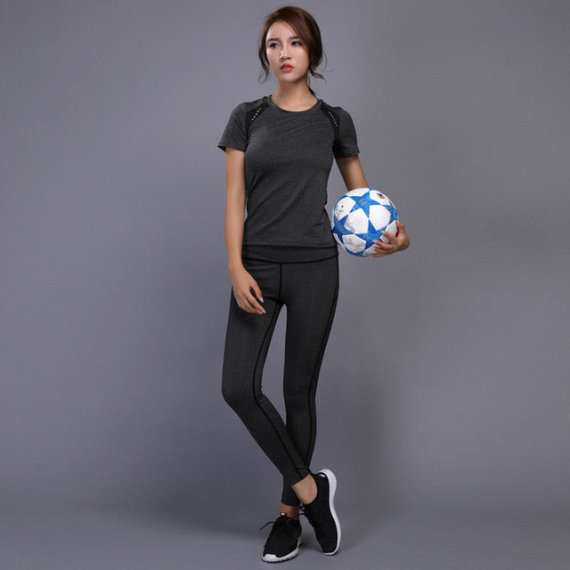 Women's Yoga Set - Breathable Gym T-Shirt + Compression Leggings Workout Clothes