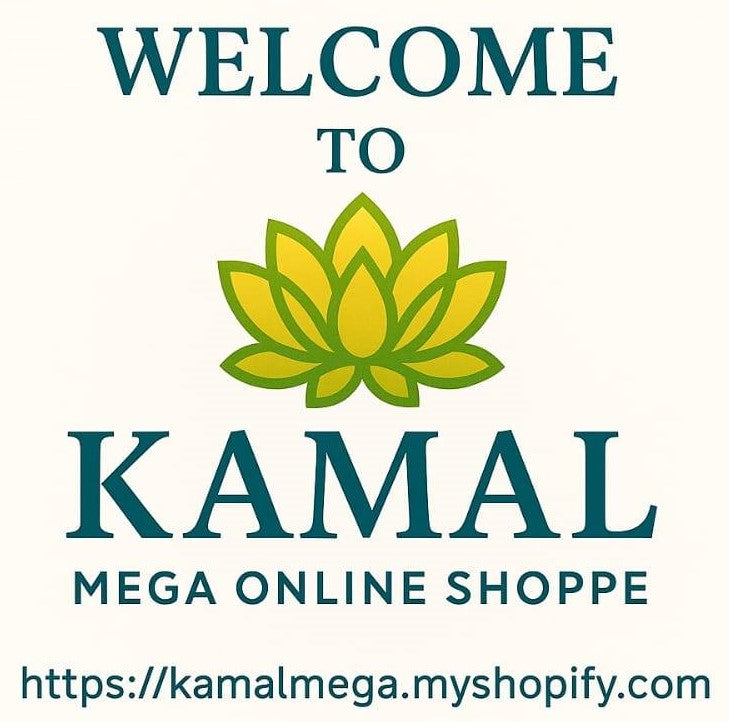 Welcome message to Kamal Mega Online Shoppe with a green lotus flower logo on a white background.